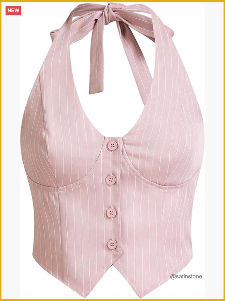 Striped Halter Crop Tank Top Sleeveless Backless Button Front